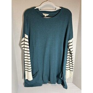 Matilda Jane Corie Pullover Sweater Tunic Women's Large Teal Striped Sleeve